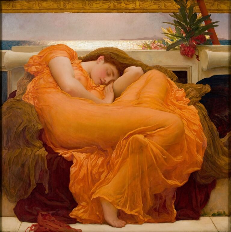 Frederic Leighton's painting Flaming June, showing a woman in an orange dress asleep