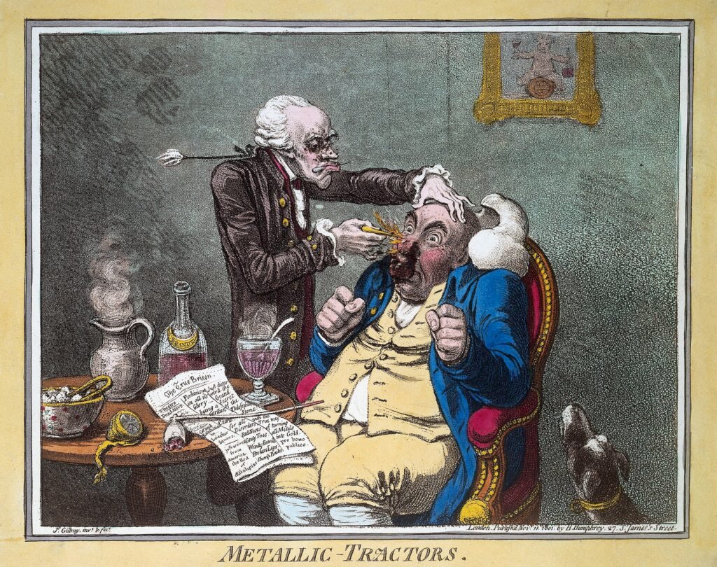 Satirical 1801 print by James Gillray of a quack treating a patient with metal tractor rods