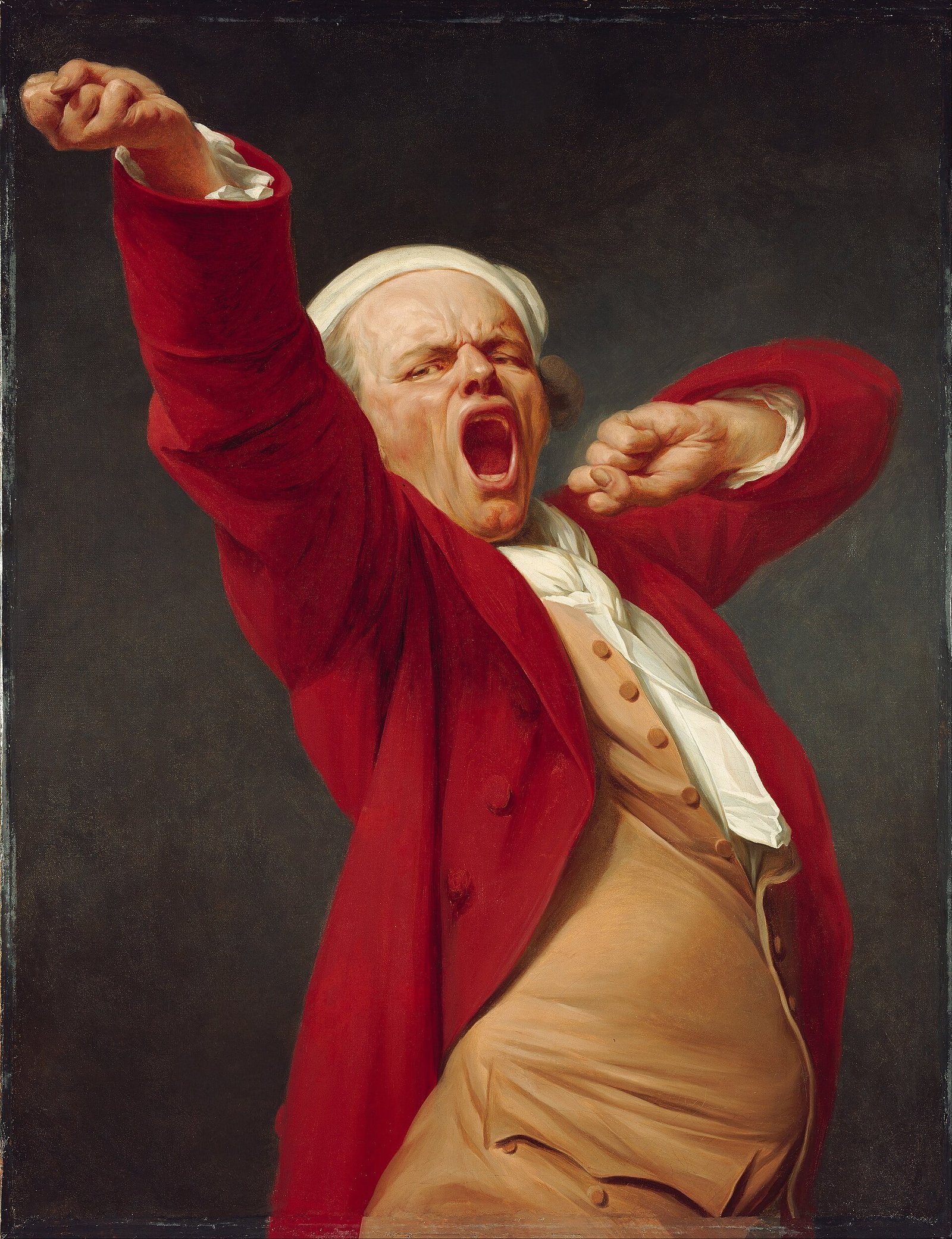 Joseph Ducreux self-portrait showing the painter mid-yawn with arms stretched
