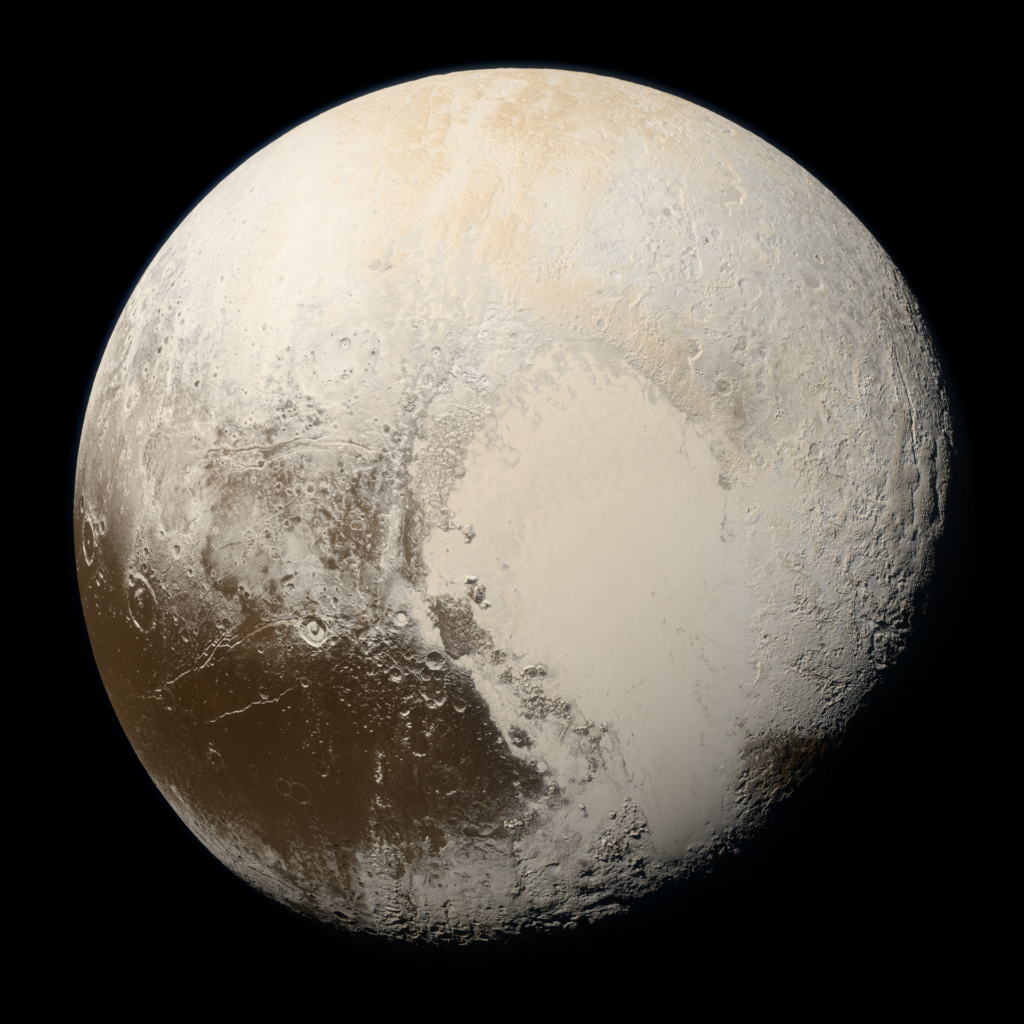 Pluto in true colour, with its pale heart-shaped plain